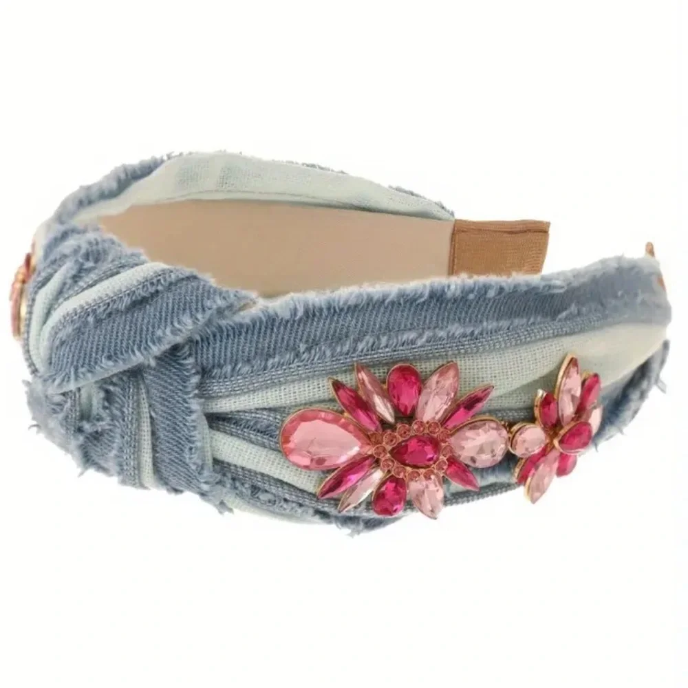 Pink Rhinestone Embellished Denim Headband